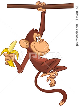 Cartoon funny brown monkey chimpanzee hanging from the wood branch. Vector illustration isolated on white Cartoon funny brown monkey chimpanzee hanging from the wood branch. Vector illustration isolated on white 139801819