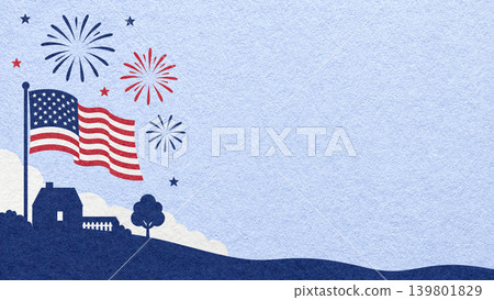 4th of July Independence Day light blue textured paper background with fireworks, American flag and house with copy space 4th of July Independence Day light blue textured paper background with fireworks, American flag and house with copy space 139801829