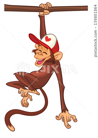 Cartoon funny brown monkey chimpanzee hanging from the wood branch. Vector illustration isolated on white 139801864