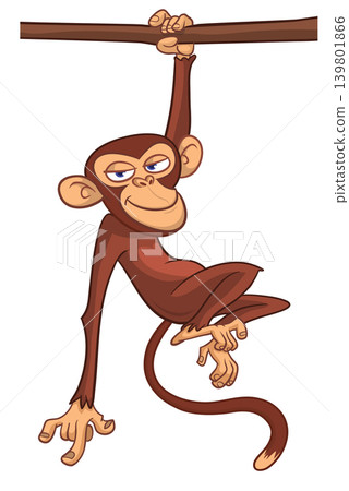 Cartoon funny brown monkey chimpanzee hanging from the wood branch. Vector illustration isolated on white Cartoon funny brown monkey chimpanzee hanging from the wood branch. Vector illustration isolated on white 139801866