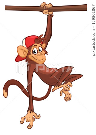 Cartoon funny brown monkey chimpanzee hanging from the wood branch. Vector illustration isolated on white Cartoon funny brown monkey chimpanzee hanging from the wood branch. Vector illustration isolated on white 139801867