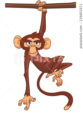 Cartoon funny brown monkey chimpanzee hanging from the wood branch. Vector illustration isolated on white Cartoon funny brown monkey chimpanzee hanging from the wood branch. Vector illustration isolated on white 139801871