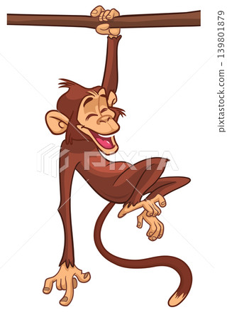 Cartoon funny brown monkey chimpanzee hanging from the wood branch. Vector illustration isolated on white Cartoon funny brown monkey chimpanzee hanging from the wood branch. Vector illustration isolated on white 139801879