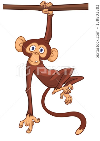 Cartoon funny brown monkey chimpanzee hanging from the wood branch. Vector illustration isolated on white Cartoon funny brown monkey chimpanzee hanging from the wood branch. Vector illustration isolated on white 139801883