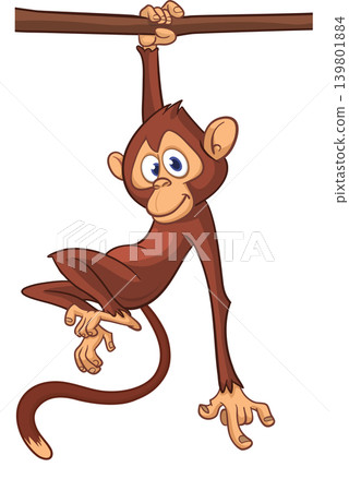 Cartoon funny brown monkey chimpanzee hanging from the wood branch. Vector illustration isolated on white Cartoon funny brown monkey chimpanzee hanging from the wood branch. Vector illustration isolated on white 139801884