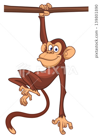 Cartoon funny brown monkey chimpanzee hanging from the wood branch. Vector illustration isolated on white 139801890