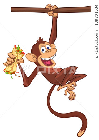 Cartoon funny monkey chimpanzee holding burger, falafel or kebab in his hands. Vector illustration of happy monkey character design isolated. Cartoon funny monkey chimpanzee holding burger, falafel or kebab in his hands. Vector illustration of happy monkey character design isolated. 139801934