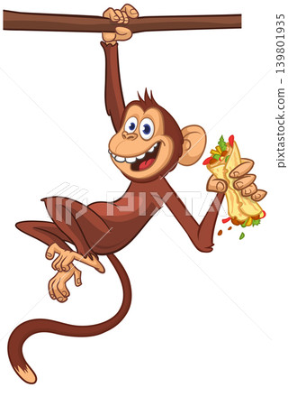 Cartoon funny monkey chimpanzee holding burger, falafel or kebab in his hands. Vector illustration of happy monkey character design isolated. Cartoon funny monkey chimpanzee holding burger, falafel or kebab in his hands. Vector illustration of happy monkey character design isolated. 139801935