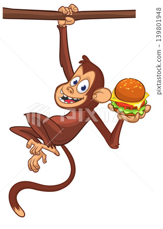 Cartoon funny monkey chimpanzee holding burger in his hands. Vector illustration of happy monkey character design isolated. Cartoon funny monkey chimpanzee holding burger in his hands. Vector illustration of happy monkey character design isolated. 139801948