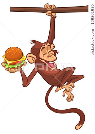 Cartoon funny monkey chimpanzee holding burger in his hands. Vector illustration of happy monkey character design isolated. Cartoon funny monkey chimpanzee holding burger in his hands. Vector illustration of happy monkey character design isolated. 139801950