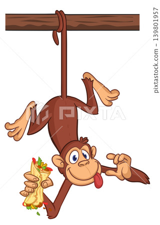 Cartoon funny monkey chimpanzee holding burger, falafel or kebab in his hands. Vector illustration of happy monkey character design isolated. Cartoon funny monkey chimpanzee holding burger, falafel or kebab in his hands. Vector illustration of happy monkey character design isolated. 139801957