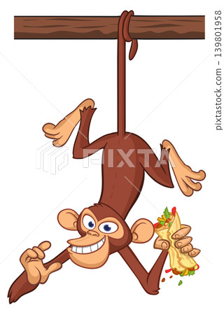 Cartoon funny monkey chimpanzee holding burger, falafel or kebab in his hands. Vector illustration of happy monkey character design isolated. Cartoon funny monkey chimpanzee holding burger, falafel or kebab in his hands. Vector illustration of happy monkey character design isolated. 139801958