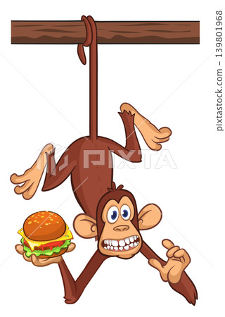 Cartoon funny monkey chimpanzee holding burger in his hands. Vector illustration of happy monkey character design isolated. Cartoon funny monkey chimpanzee holding burger in his hands. Vector illustration of happy monkey character design isolated. 139801968