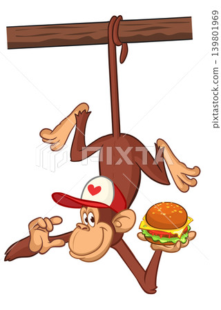 Cartoon funny monkey chimpanzee holding burger in his hands. Vector illustration of happy monkey character design isolated. Cartoon funny monkey chimpanzee holding burger in his hands. Vector illustration of happy monkey character design isolated. 139801969