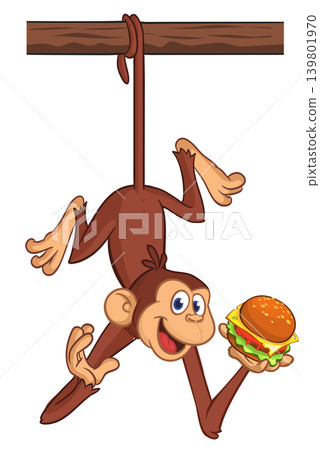 Cartoon funny monkey chimpanzee holding burger in his hands. Vector illustration of happy monkey character design isolated. Cartoon funny monkey chimpanzee holding burger in his hands. Vector illustration of happy monkey character design isolated. 139801970