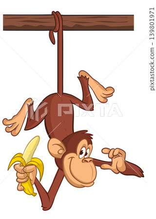 Cartoon funny brown monkey chimpanzee hanging from the wood branch holding banana. Vector illustration isolated on white Cartoon funny brown monkey chimpanzee hanging from the wood branch holding banana. Vector illustration isolated on white 139801971