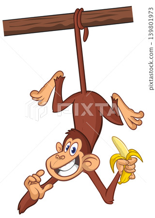 Cartoon funny brown monkey chimpanzee hanging from the wood branch holding banana. Vector illustration isolated on white 139801973