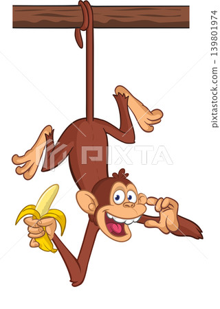 Cartoon funny brown monkey chimpanzee hanging from the wood branch holding banana. Vector illustration isolated on white 139801974