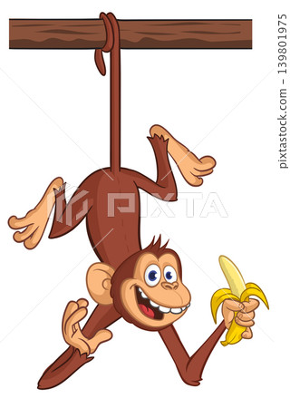 Cartoon funny brown monkey chimpanzee hanging from the wood branch holding banana. Vector illustration isolated on white Cartoon funny brown monkey chimpanzee hanging from the wood branch holding banana. Vector illustration isolated on white 139801975
