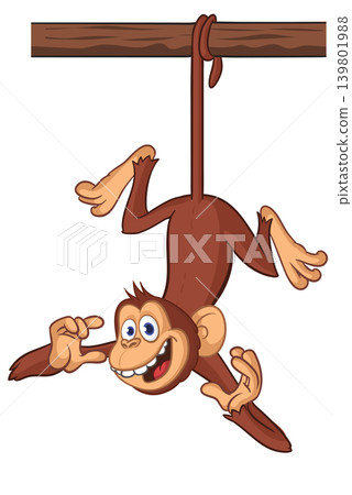 Cartoon funny brown monkey chimpanzee hanging from the wood branch. Vector illustration isolated on white Cartoon funny brown monkey chimpanzee hanging from the wood branch. Vector illustration isolated on white 139801988
