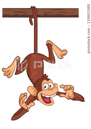 Cartoon funny brown monkey chimpanzee hanging from the wood branch. Vector illustration isolated on white Cartoon funny brown monkey chimpanzee hanging from the wood branch. Vector illustration isolated on white 139801989