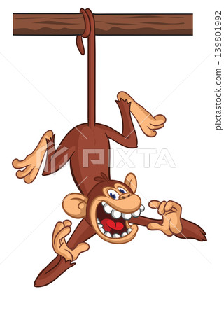 Cartoon funny brown monkey chimpanzee hanging from the wood branch. Vector illustration isolated on white Cartoon funny brown monkey chimpanzee hanging from the wood branch. Vector illustration isolated on white 139801992