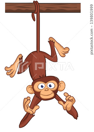Cartoon funny brown monkey chimpanzee hanging from the wood branch. Vector illustration isolated on white Cartoon funny brown monkey chimpanzee hanging from the wood branch. Vector illustration isolated on white 139801999