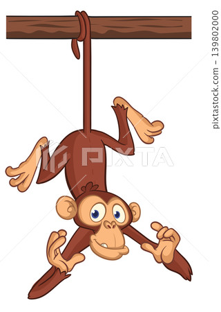 Cartoon funny brown monkey chimpanzee hanging from the wood branch. Vector illustration isolated on white Cartoon funny brown monkey chimpanzee hanging from the wood branch. Vector illustration isolated on white 139802000