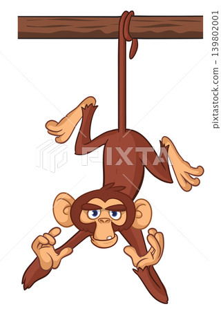 Cartoon funny brown monkey chimpanzee hanging from the wood branch. Vector illustration isolated on white Cartoon funny brown monkey chimpanzee hanging from the wood branch. Vector illustration isolated on white 139802001