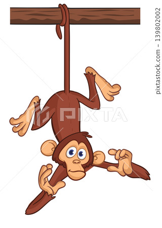 Cartoon funny brown monkey chimpanzee hanging from the wood branch. Vector illustration isolated on white Cartoon funny brown monkey chimpanzee hanging from the wood branch. Vector illustration isolated on white 139802002