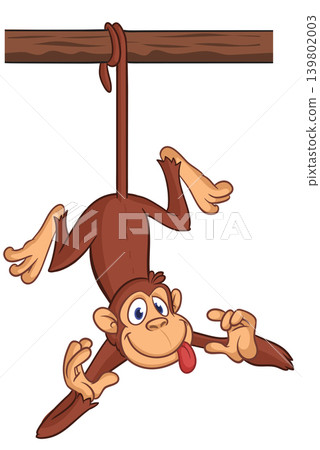 Cartoon funny brown monkey chimpanzee hanging from the wood branch. Vector illustration isolated on white Cartoon funny brown monkey chimpanzee hanging from the wood branch. Vector illustration isolated on white 139802003