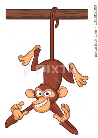 Cartoon funny brown monkey chimpanzee hanging from the wood branch. Vector illustration isolated on white Cartoon funny brown monkey chimpanzee hanging from the wood branch. Vector illustration isolated on white 139802004