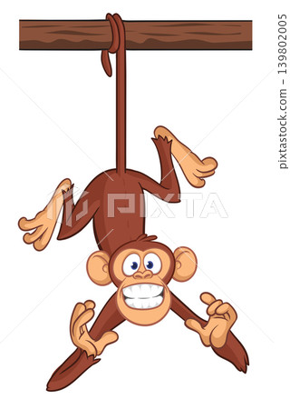 Cartoon funny brown monkey chimpanzee hanging from the wood branch. Vector illustration isolated on white 139802005