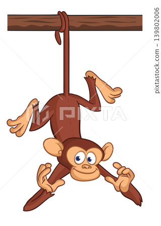 Cartoon funny brown monkey chimpanzee hanging from the wood branch. Vector illustration isolated on white Cartoon funny brown monkey chimpanzee hanging from the wood branch. Vector illustration isolated on white 139802006