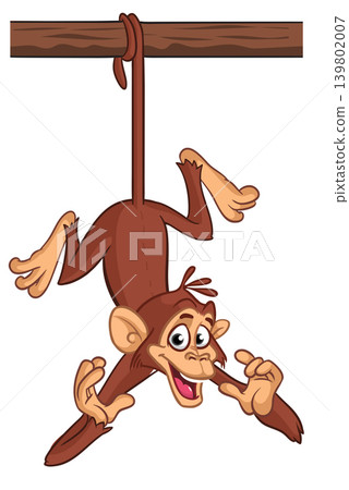 Cartoon funny brown monkey chimpanzee hanging from the wood branch. Vector illustration isolated on white Cartoon funny brown monkey chimpanzee hanging from the wood branch. Vector illustration isolated on white 139802007