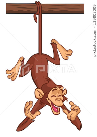 Cartoon funny brown monkey chimpanzee hanging from the wood branch. Vector illustration isolated on white Cartoon funny brown monkey chimpanzee hanging from the wood branch. Vector illustration isolated on white 139802009