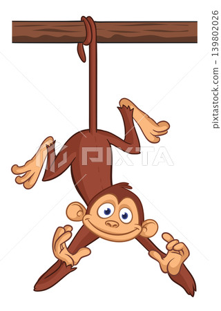 Cartoon funny brown monkey chimpanzee hanging from the wood branch. Vector illustration isolated on white Cartoon funny brown monkey chimpanzee hanging from the wood branch. Vector illustration isolated on white 139802026