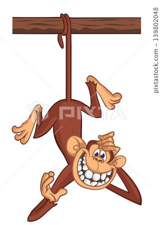 Cartoon funny brown monkey chimpanzee hanging from the wood branch. Vector illustration isolated on white Cartoon funny brown monkey chimpanzee hanging from the wood branch. Vector illustration isolated on white 139802048