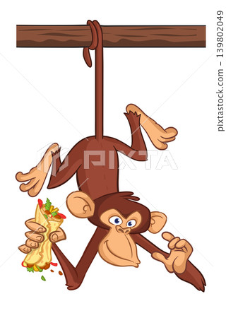 Cartoon funny monkey chimpanzee holding burger, falafel or kebab in his hands. Vector illustration of happy monkey character design isolated. Cartoon funny monkey chimpanzee holding burger, falafel or kebab in his hands. Vector illustration of happy monkey character design isolated. 139802049