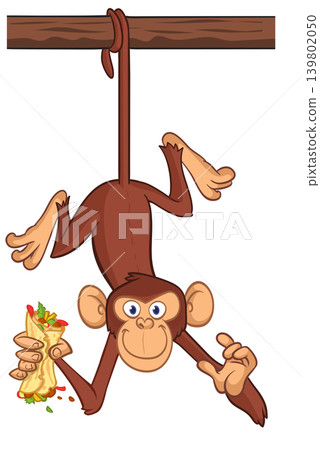 Cartoon funny monkey chimpanzee holding burger, falafel or kebab in his hands. Vector illustration of happy monkey character design isolated. Cartoon funny monkey chimpanzee holding burger, falafel or kebab in his hands. Vector illustration of happy monkey character design isolated. 139802050
