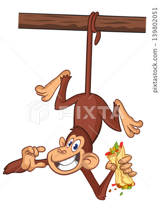 Cartoon funny monkey chimpanzee holding burger, falafel or kebab in his hands. Vector illustration of happy monkey character design isolated. Cartoon funny monkey chimpanzee holding burger, falafel or kebab in his hands. Vector illustration of happy monkey character design isolated. 139802051