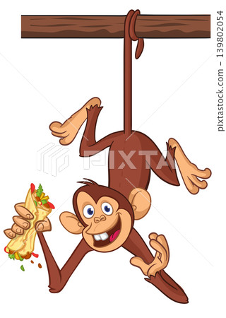 Cartoon funny monkey chimpanzee holding burger, falafel or kebab in his hands. Vector illustration of happy monkey character design isolated. Cartoon funny monkey chimpanzee holding burger, falafel or kebab in his hands. Vector illustration of happy monkey character design isolated. 139802054
