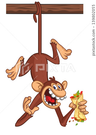 Cartoon funny monkey chimpanzee holding burger, falafel or kebab in his hands. Vector illustration of happy monkey character design isolated. Cartoon funny monkey chimpanzee holding burger, falafel or kebab in his hands. Vector illustration of happy monkey character design isolated. 139802055
