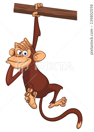Cartoon funny brown monkey chimpanzee hanging from the wood branch. Vector illustration isolated on white Cartoon funny brown monkey chimpanzee hanging from the wood branch. Vector illustration isolated on white 139802056