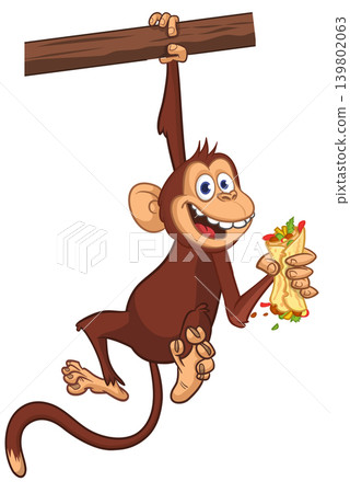 Cartoon funny monkey chimpanzee holding burger, falafel or kebab in his hands. Vector illustration of happy monkey character design isolated. Cartoon funny monkey chimpanzee holding burger, falafel or kebab in his hands. Vector illustration of happy monkey character design isolated. 139802063