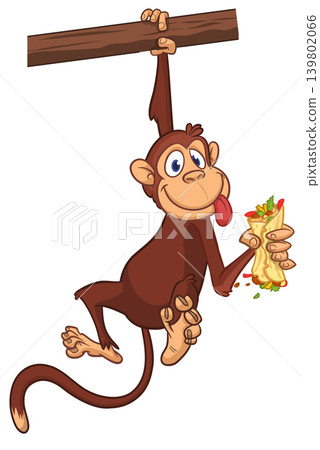Cartoon funny monkey chimpanzee holding burger, falafel or kebab in his hands. Vector illustration of happy monkey character design isolated. Cartoon funny monkey chimpanzee holding burger, falafel or kebab in his hands. Vector illustration of happy monkey character design isolated. 139802066