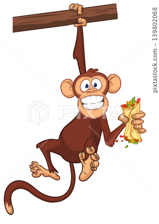 Cartoon funny monkey chimpanzee holding burger, falafel or kebab in his hands. Vector illustration of happy monkey character design isolated. 139802068