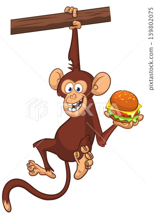 Cartoon funny monkey chimpanzee holding burger, falafel or kebab in his hands. Vector illustration of happy monkey character design isolated. 139802075