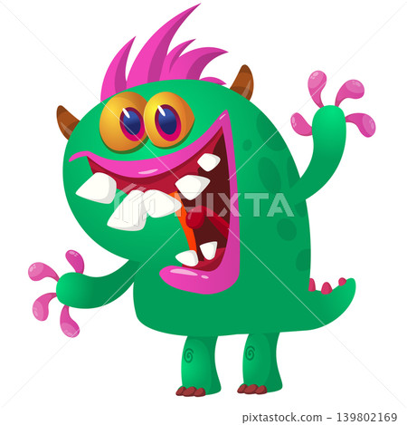 Cartoon scary monster with funny face expression waving hands . Vector illustration isolated on white. Halloween design Cartoon scary monster with funny face expression waving hands . Vector illustration isolated on white. Halloween design 139802169