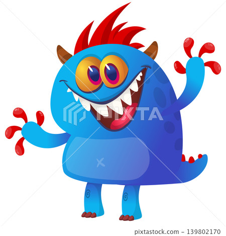 Cartoon scary monster with funny face expression waving hands . Vector illustration isolated on white. Halloween design Cartoon scary monster with funny face expression waving hands . Vector illustration isolated on white. Halloween design 139802170